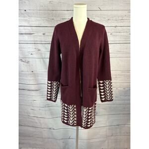 FRYE Burgundy Red Pattern Long Cardigan Sweater Open Western Aztec Boho Sz Small
